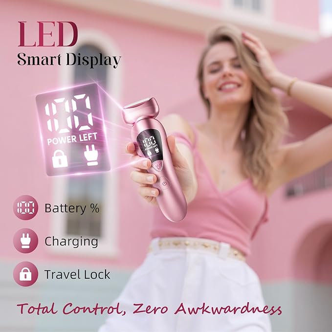 rategist Cordless Electric Razors for Women: Rechargeable Painless Bikini Trimmer for Body Hair - IPX7 Waterproof Shaver with LED Display for Face/Underarm/Leg Light Pink