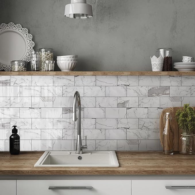 Vamos Tile Peel and Stick Backsplash Tile, 3''x6'' PVC Subway Tile, Stick on Backsplash for Kitchen/Bathroom/Fireplace,4-Piece Glossy Statury White with Dark Gray Grout