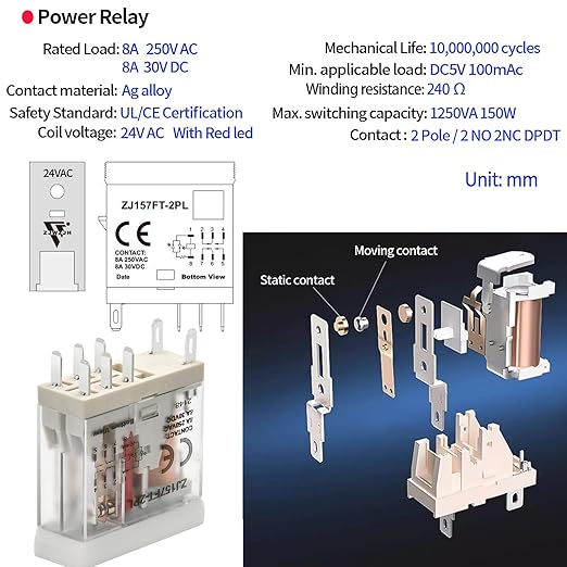 UL Listed 6Pcs 24VAC Relay Electromagnetic Power Relay 8Amp 8Pins DPDT with Test Button, Indicator Light Module and Socket Base 2NO 2NC AC 24V