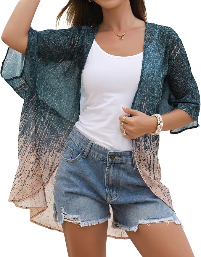 Women's Floral Print Puff Sleeve Kimono Cardigan Loose Cover Up Casual Blouse by CHICGAL