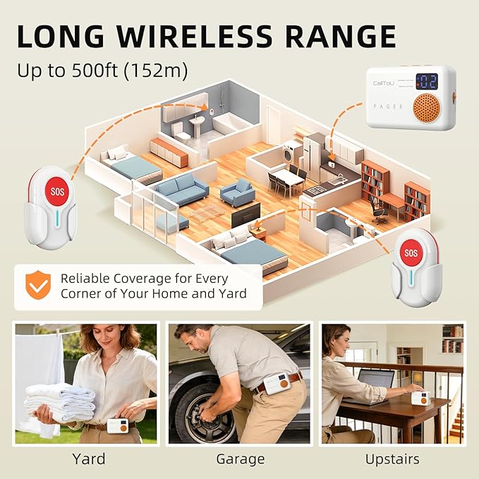 CallToU Wireless Caregiver Pager with Call Button for Elderly at Home, Portable Nurse Alert System with Vibration/for Patients and Disabled, 500ft Ranger (2 Call Buttons + 2 Receivers)