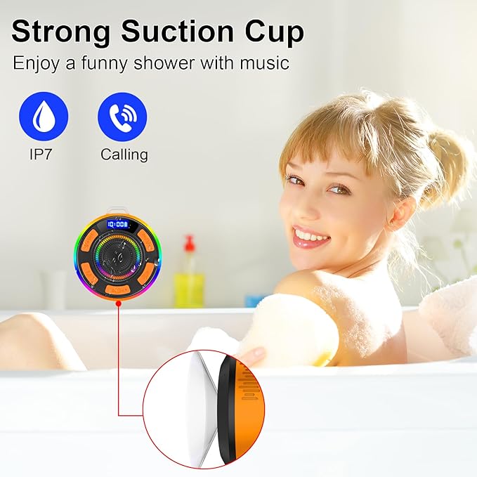 IPX7 Waterproof Shower Bluetooth Speaker, Portable Small Speaker with Suction Cup and Time Display, Loud Crystal Sound & Bass 10H Playtime 1100mAh, Shower Speakers for Pool, Beach Christmas Orange