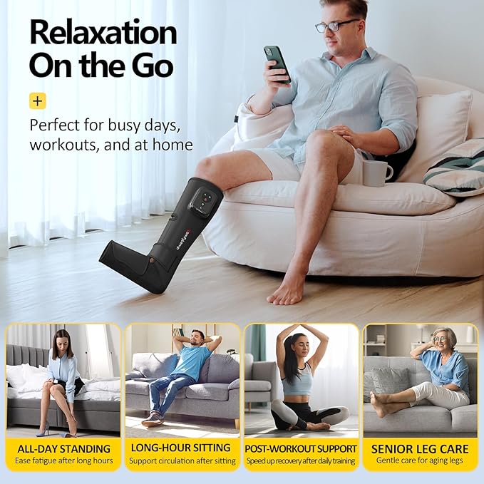 Comfytemp Air Compression Therapy Device K1011, Cordless Leg Massager for Circulation and Pain Relief, Portable Foot and Calf Massage Boot, Ideal for Dad Men Mom Women Seniors (1 Pack)