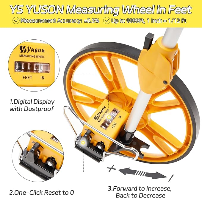 YS YUSON 12 Inch Rolling Measuring Wheel in Feet, Digital Measuring Wheel for Construction, Outdoor, Wheel Measurement Roller with Tape Measure and Canvas Carrying Bag, One Key to Reset, Up to 9999Ft