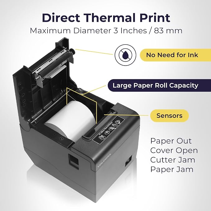 Volcora Thermal Receipt Printer, 80mm POS Printer w/Auto Cutter, USB/WiFi - Image 4