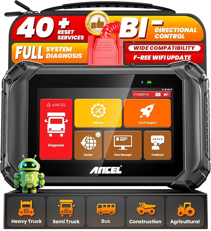 ANCEL V5 HD PRO Heavy Duty Truck Scanner, New Bi-Directional Control Diesel Scanner, Full System Diagnostic Scan Tool with 40+ Resets, ABS SRS D-P-F Regen for Semi Trucks Commercial Vehicles