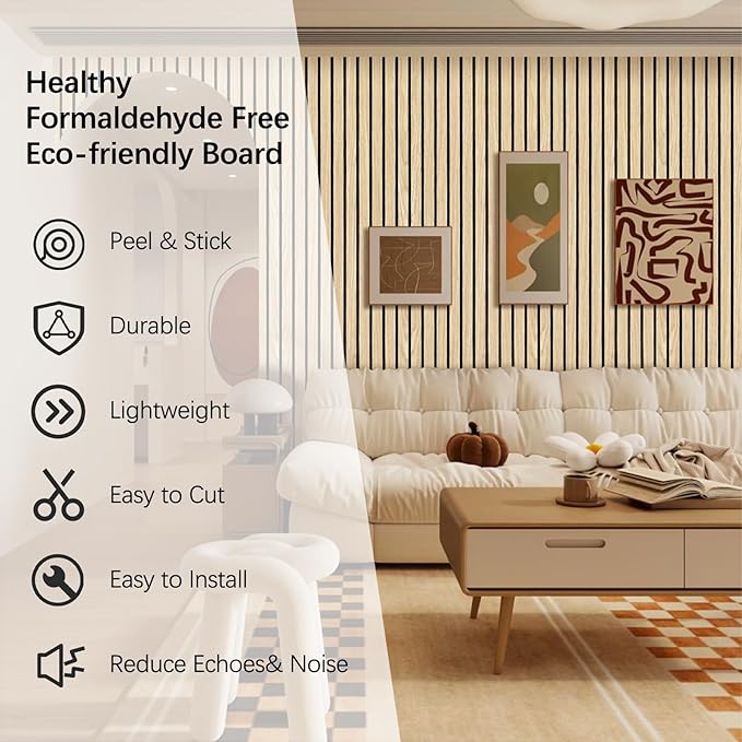 ARMURO Wood Slat Wall Panel 2 PCS - Extra-Long Wood Wall Panels for Soundproof Home & Office, Easy Peel and Stick Acoustic Panels for Noise Cancelling (Oak 11.8"W x 94.5"L)