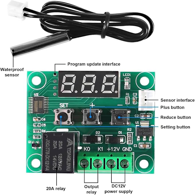 AEDIKO W1209 DC 12V Digital Temperature Controller Board Blue Digital Display Thermostat -50-110°C Electronic Temperature Temp Control Module Switch with Waterproof Case (1pc Red)