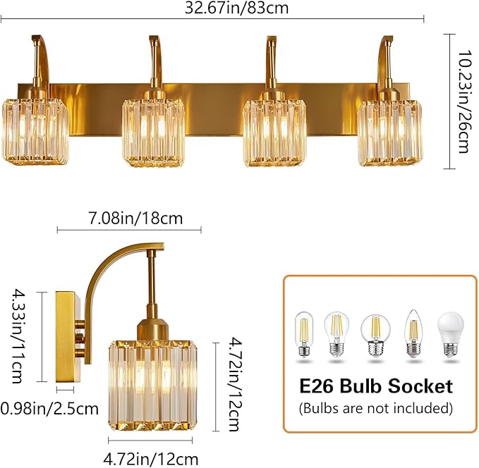FDPBY Crystal Vanity Lights 4-Light Gold Bathroom Vanity Lights Modern Crystal Bathroom Light Fixtures Over Mirror 32.67" Long Vanity Light for Bathroom