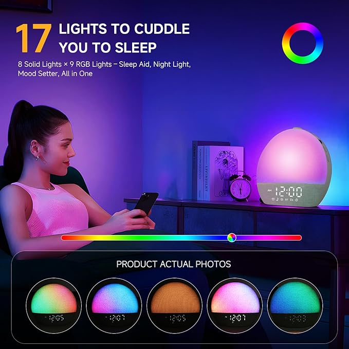 Geuuap Sunrise Alarm Clock White Noise Sound Machine for Bedroom | Natural Wake-Up Light with 30 Soothing Sleep Aids, Bluetooth Speaker, Dimmable Clock, Screen-Free Design for Baby Kids-Matcha Green