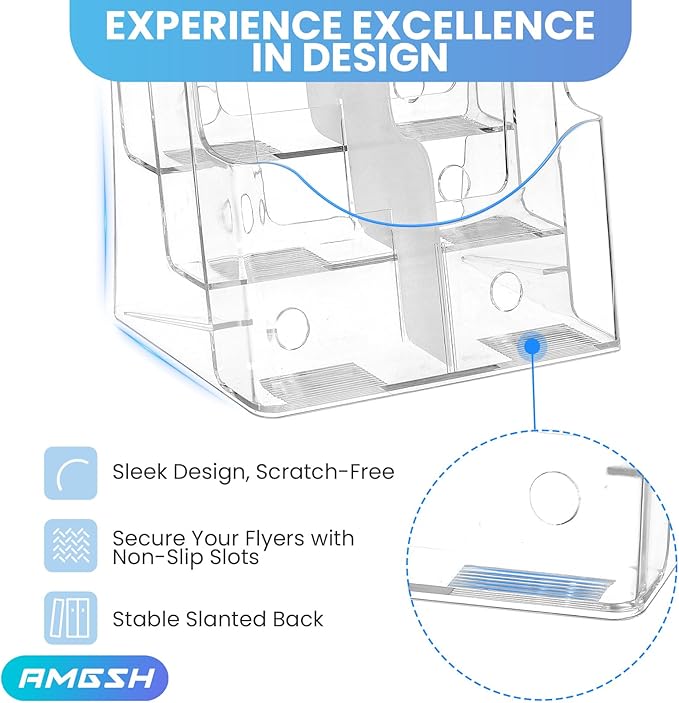 AMGSH 2 Pack 3 Tier Brochure Holder 8.5” x 11” - Acrylic Literature Holder with Removable Divider for 4” x 9” Brochure, Clear Flyer Holder Pamphlet Display Stand