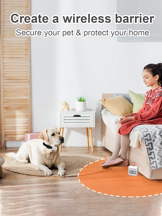 FLYSPEAR Wireless Pet Barrier with 2 Transmitters - Rechargeable Indoor Barrier with 6 Adjustable Range Radius up to 7 ft, 6 Adjustable Safe Static Intensity, Electric Fence System for Dogs with Hook