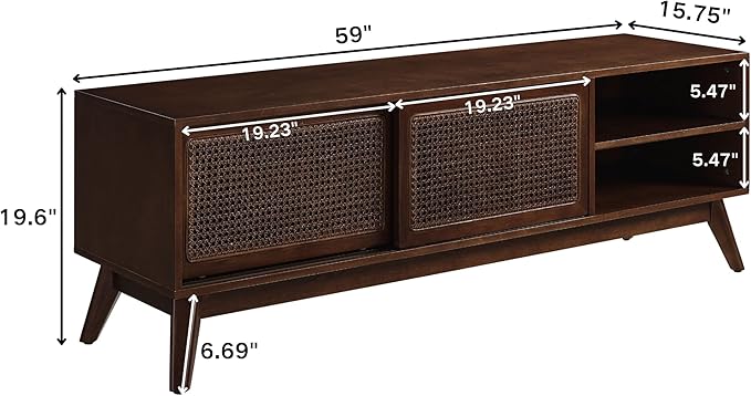 LKTART TV Stand for TVs up to 65'',Mid Century Modern Entertainment Center with Rattan Sliding Door,Boho Media Console for Living Room(Dark Walnut, 59")