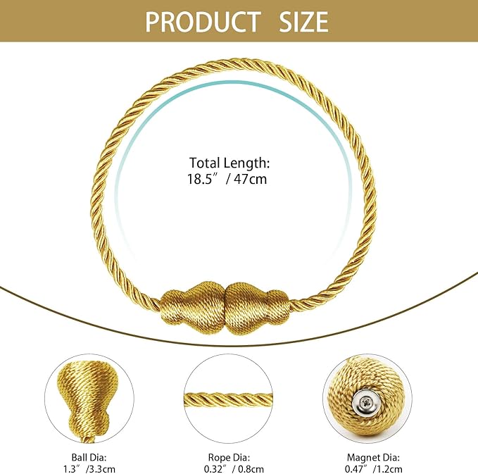 Nieffeiy Magnetic Curtain Tiebacks Outdoor Curtain Tie Backs Rope Decorative Magnetic Curtain Holders for Drapes Window Treatment Holdbacks, Gold 2Pack