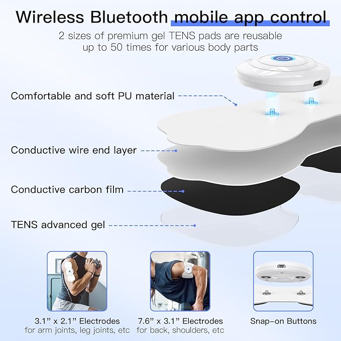 Wireless TENS & EMS Unit Back Pain Relief Massager - APP Controlled Bluetooth EMS Muscle Stimulator Machine for Back Shoulder Leg Neck Pain Relief