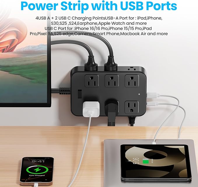 Solidock Flat Plug Power Strip Surge Protector with 12 AC Outlets 6 USB Ports 3 Side Multi Plug Outlet Extender 10 Ft Extension Cord for Home Office Kitchen Dorm Wall Desk Charging Station ETL Listed