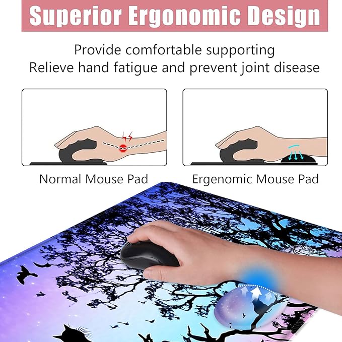 BFUKVOU Large Keyboard Mouse Pad Set, Extended Mouse Pad+Keyboard Wrist Rest Support, Memory Foam Ergonomic Easy Typing, 4Pcs (31.5×11.8 in) Desk Pad Set for Office Home,Black Cat Under Starry Night