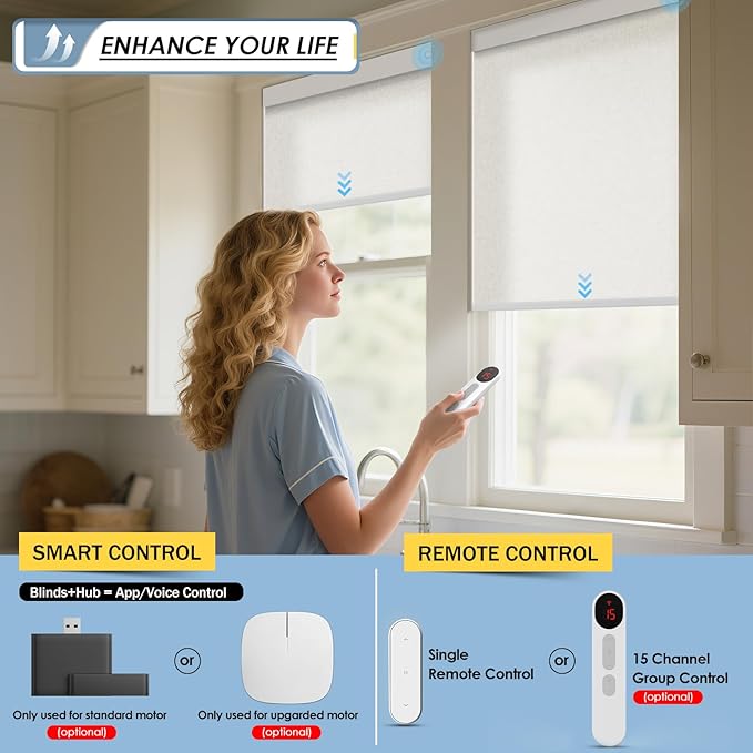 MANSNIX Motorized Blinds with Remote, No Drill No Tools Automatic Roller Shades, Blackout Electric Blind for Indoor Windows, Light-Filtering Smart Blinds, Rechargeable, Customized Size Color