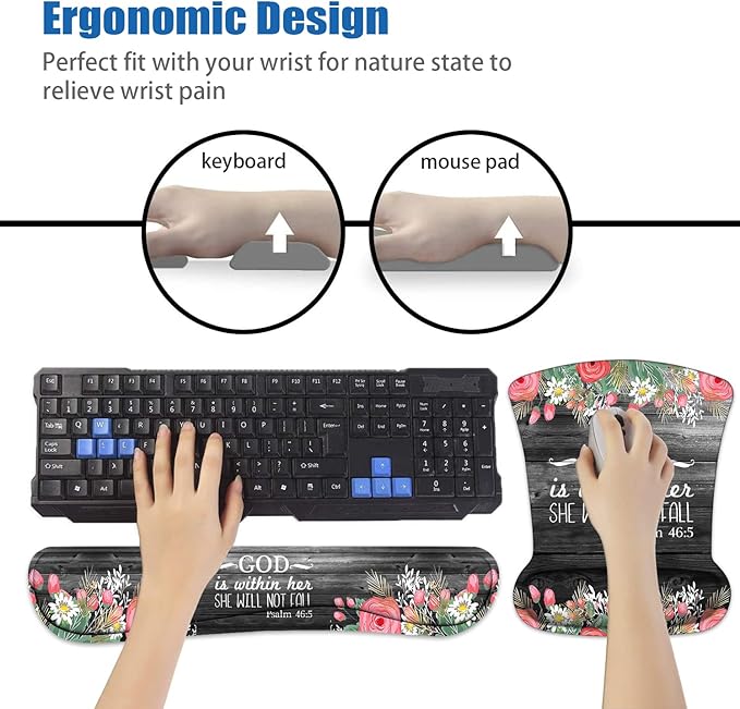 Ergonomic Mouse Pad Wrist Support and Keyboard Wrist Rest Set with Coasters, Non-Slip PU Base, Easy Typing and Relieve Wrist Pain for Home Office Working Studying, Floral Quote Bible Verses Psalm 46:5