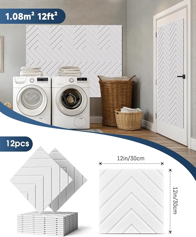 Woovio Sound Proof Foam Panels for Walls, 18 Pack Self-Adhesive Acoustic Panels, 12" X 12" X 0.4" Soundproof Wall Panels for Door, Ceiling, Home Office White