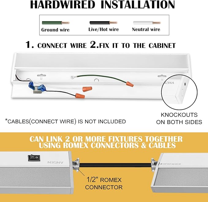 Ansen Hardwired Under Cabinet Lighting, 36in 22W LED Light for Kitchen/Closet, 1426lm, CRI>92, R9>90, Dimmable, 3 Color Temperature, 3000K/4000K/5000K(Warm White, Cool White, Daylight)