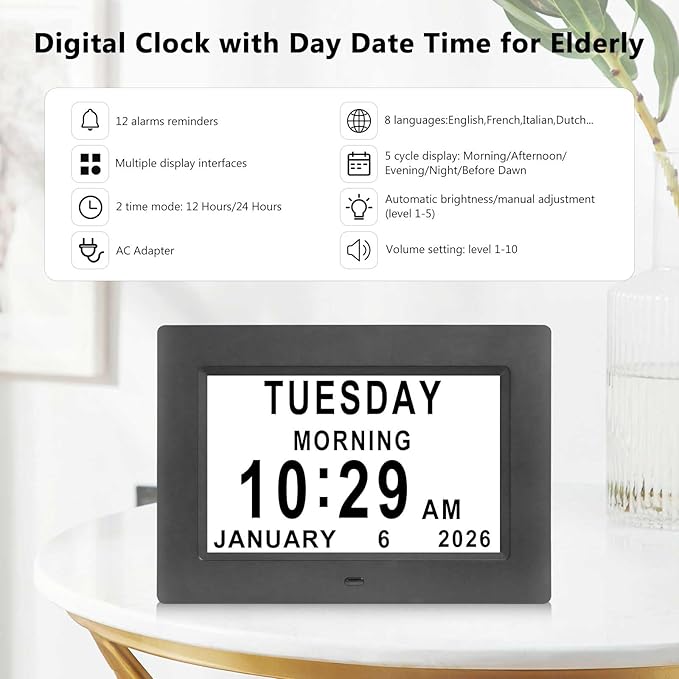 Jaihonda Dementia Clocks for Seniors,7 Inch Clock with Day and Date for Elderly,12 Alarms Option,Auto Dimmable,Large Display Digital Clock with Large Number