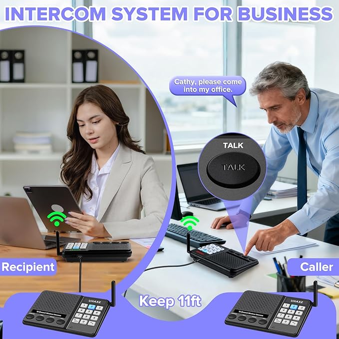 UHAXZ Intercoms Wireless for Home, Long Range Wireless Intercom 6000ft, Intercoms for Home with Group Call, Monitor Function, 8 Volume Levels Intercom System for House Business Office Elderly(2 Packs)