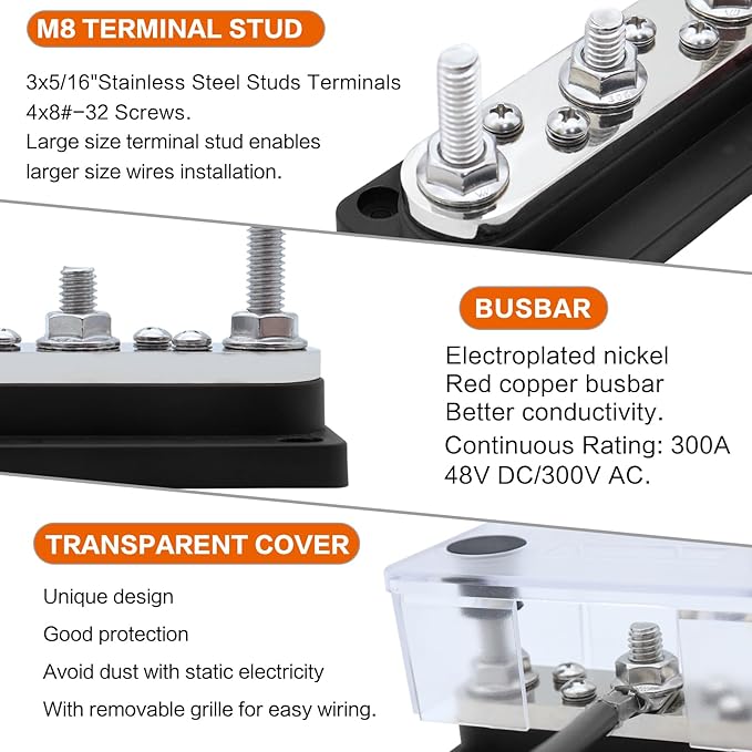 AMOMD 300A Bus Bars 3 Terminal Studs (5/16 inch) M8 4x8#-32 Screws Nickel Plated Copper Distribution Block Negative Electrical Buss Bars 12-48 V DC with Cover for Trailer Marine Boat Car RV (Black)