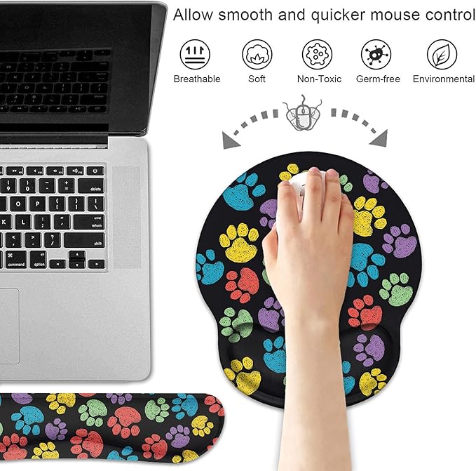Keyboard Wrist Rest and Mouse Pad Wrist Support Set with Coasters, Non-Slip PU Base Ergonomic Gaming Mousepad for Home Office Working Studying Easy Typing & Pain Relief, Colorful Dog Paw Print