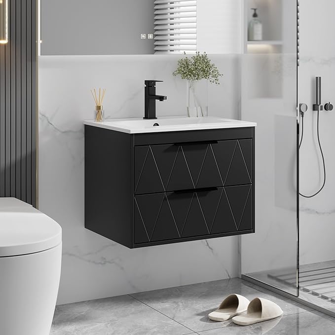 eclife 24" Bathroom Vanities Cabinet with Sink Combo, Wall Mounted Floating Cabinet W/Decor Line, Soft-Close System, 2 Extra Big Drawers, Matte Black Faucet, Black