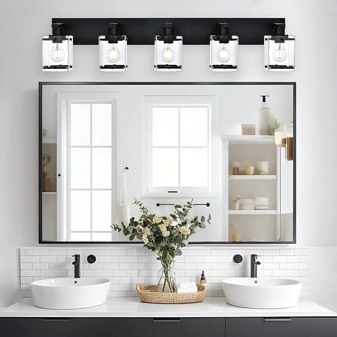 WINSHEN 5-Light Modern Vanity Lighting, Black Bathroom Light Fixture Over Mirror with Rectangular Clear Glass,E26 Bulb Base