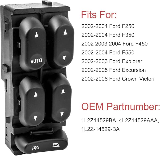 1L2Z14529BA Driver Side Power Master Power Window Switch Compatible with 2002-2004 Ford F250 F350 F450 F550 Super-Duty, 2002-2003 Explorer, 2002-2005 Excursion & Mercury Mountaineer