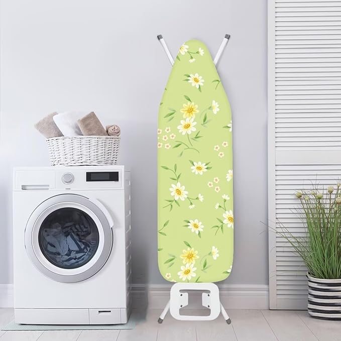ZCFYGDX Fresh White Daisy Print Ironing Board Cover, Resist Scorching & Staining, Easy to Install Resistant Elastic Edges, 3 Nylon Buckle Straps Fasteners, Protective Scorch Cloth Covers Size-XL