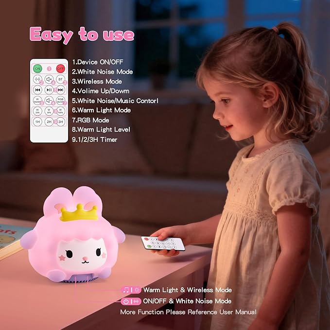 Baby Sound Machine, 20 Soothing Sounds White Nosie for Sleeping, Rechargeable Night Light with Speaker, 3 Brightness Levels Remote and Tap Control, Nursey Lamp for Baby, Kids Bed Room (Bunny)