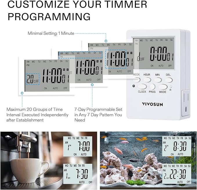 VIVOSUN Digital Timer Outlet 7 Day Programmable Digital Outlet Timer with 2 Independent Outlets 3 Prong, 20 on/Off Programs Groups, Countdown Setting, Indoor for Light Lamp, Fan（1Pack）