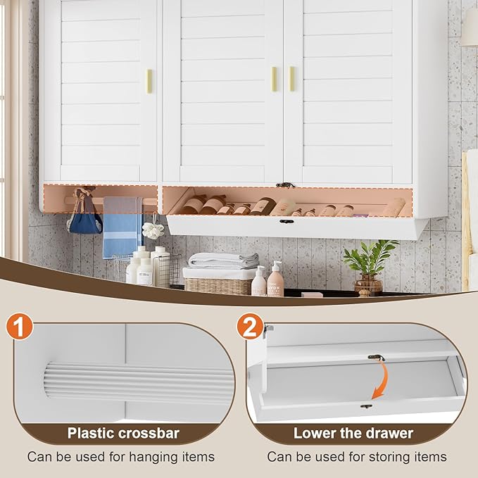 PAKASEPT 44.8" W Kitchen Wall Cabinet, Laundry Room Cabinets - Bathroom Wall Cabinet with Flip-Bottom Drawer and Hanging Rod, Storage Cabinets for Bathroom, Kitchen, Entryway, Laundry Room