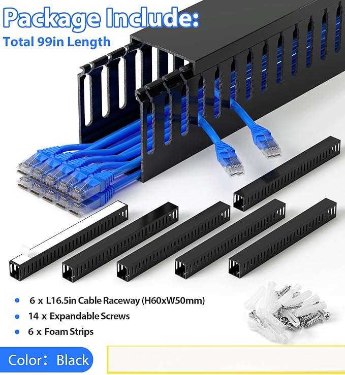 ZhiYo 99in (6X L16.5in) Server Rack Cable Management Raceway, H2.4in x W2in Cable Raceway Kit, Electrically Safe PVC, Open Slot Wire Raceway for Under Desk/Computer/Network Cords