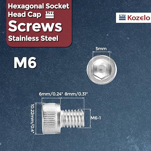 Kozelo 50pcs Socket Head Cap Screws - [M6-1 x 8mm] 304 Stainless Steel Allen Socket Drive for Electrical Motor 3D Printing Fan Engine Replacement Use, Silver