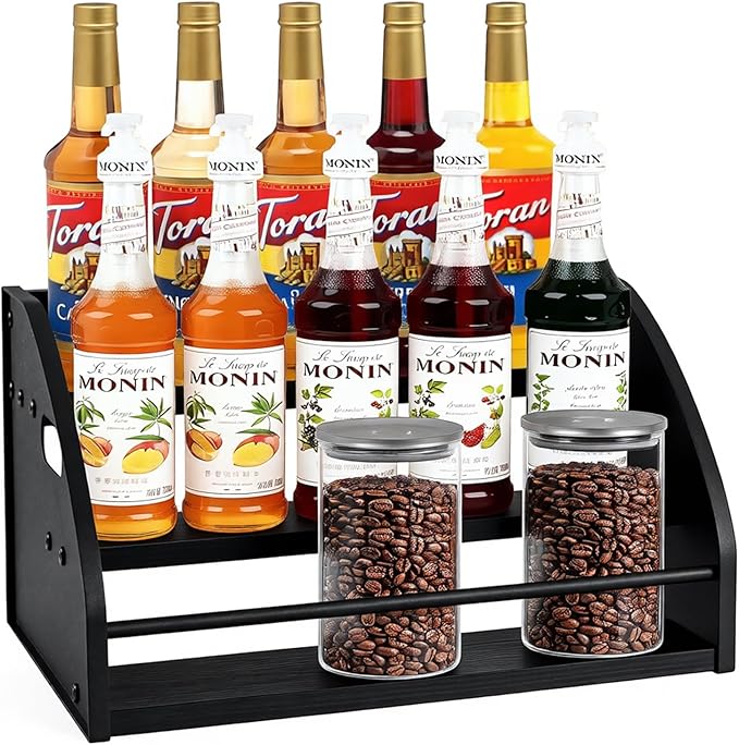 STAEVER Coffee Syrup Rack- Extra Large for 15 Syrup Bottles Holder- Rustic Countertop Display Shelf for Liquor Bottles, Coffee Bar, Kitchen Cabinet- Pantry Storage for Water Bottles, Spirits & Whiskey
