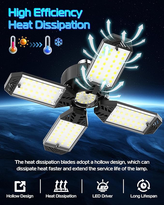 CHENGCHILIT LED Garage Light - 6 Pack 130W 13000LM Deformable 4+1 Panel LED Garage Ceiling Lights with Transformer, E26/27 Base, 6500K Daylight White Shop Lights for Factory, Storage Room, Warehouse