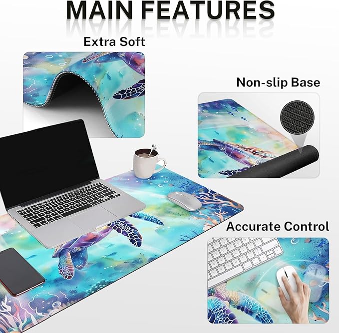 Britimes Sea Turtle Cute Ocean Keyboard Mouse Pad Set 4in1 Large Mousepad+Keyboard Wrist Rest+Mouse Wrist Rest+Coaster Set with Ergonomic Design for Home Office Computer 35.4x15.7 inches