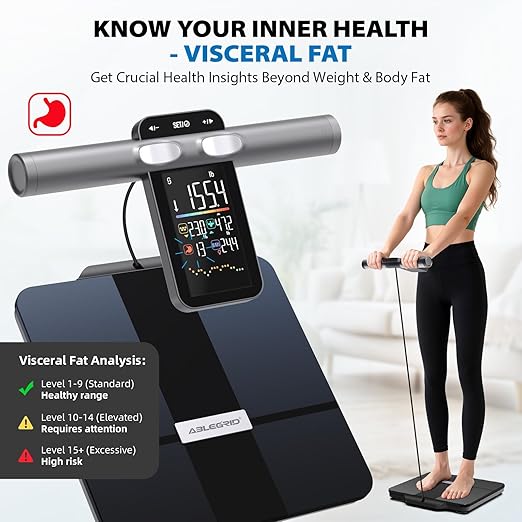 ABLEGRID 8-Electrode Body Composition Scale for Body Weight, Digital Bathroom Smart Body Fat Scale with Gradient Trends Display, 12.2" Platform Handle Weighing Machine, Visceral Fat, BMI, 400lb