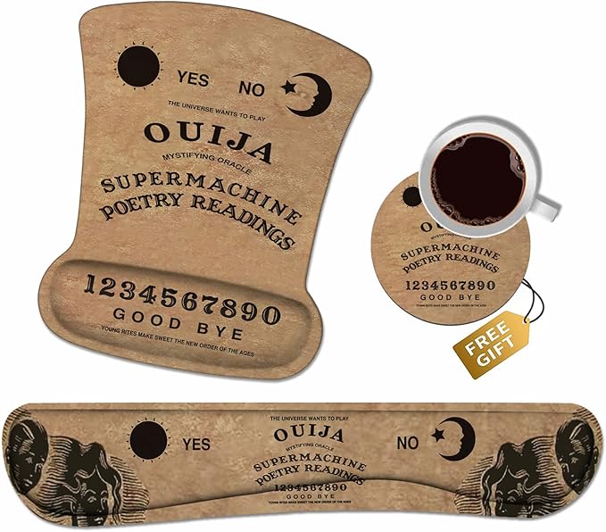 Ergonomic Mouse Pad Wrist Support and Keyboard Wrist Rest Set with Coasters, Non-Slip PU Base, Easy Typing and Relieve Wrist Pain, Perfect for Home Office Working Studying, Retro Ouija Board