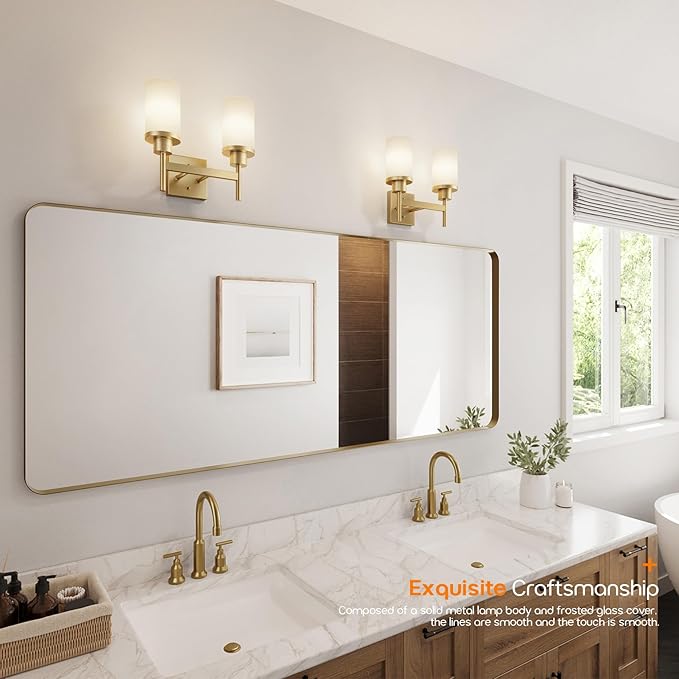 AONEON Vanity Lighting Fixtures with White Frosted Glass Shade, Double Wall Lamps for Bathroom Mirror Bedroom Living Room Washroom Porch, Gold T001GD-L2