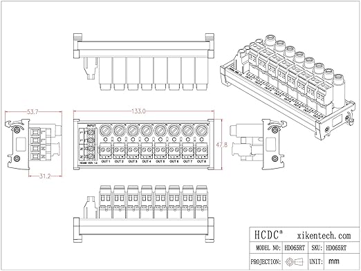 DIN Rail Mount AC 24-250V 8 Channel Pluggable Side Wiring Terminal Block Power Distribution Fuse Module, HCDC HD065RT