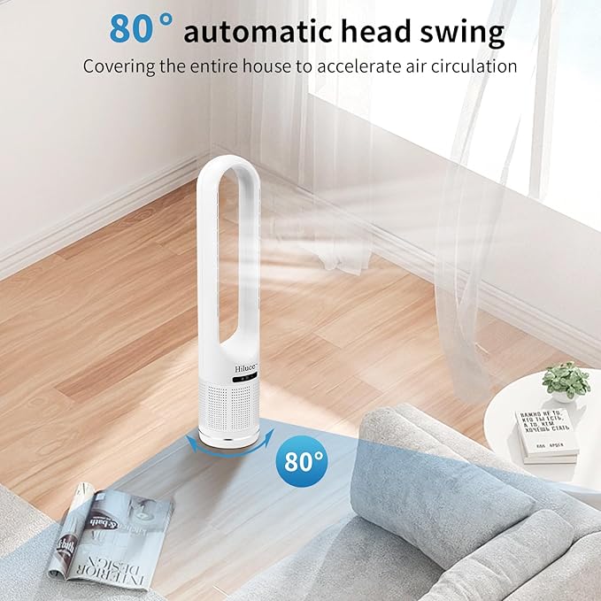 Hiluce 3-in-1 Bladeless Fan with Air Purifier,Indoor Heater,Fan and Heater Combo HEPA Filter,Tip-Over Switch,26ft/s Quiet Tower Fans,80°Oscillating, 8 Speeds, 9H Timer, 32 inch Large