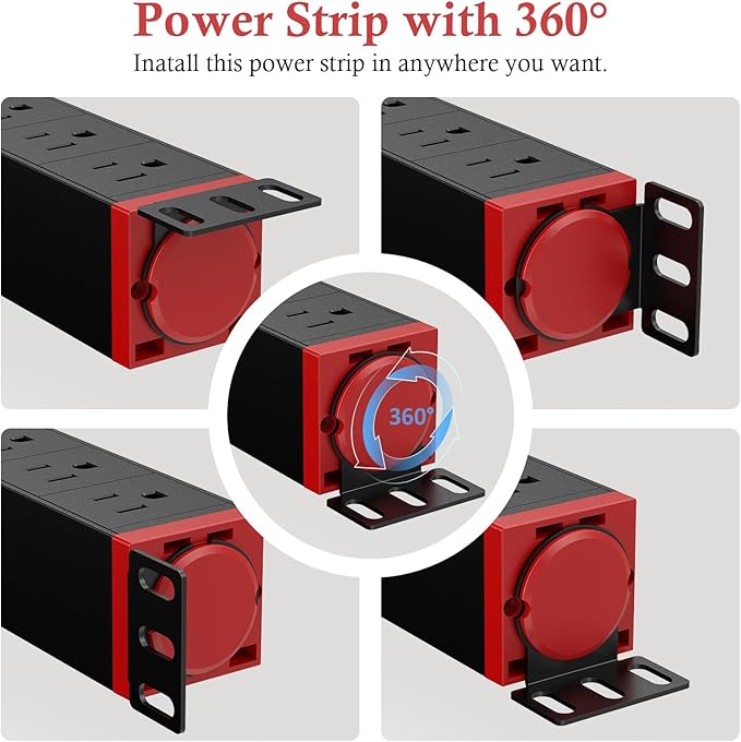 10 inch Rack Mount Power Strips PDU 4 Outlets with Surge Protection & Overload On Off Switch, 1U RackMount Power Strip with 6ft Cord for 10'' Mini Server Network Cabinets/Rack/Self, Black Red