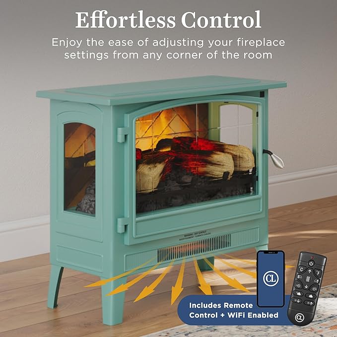 Country Living Infrared Freestanding Electric Fireplace Stove Heater in Mineral Blue | Multiple Flame Colors, Metal Design with Faux Wooden Logs | Alexa/WiFi Enabled, Remote Control