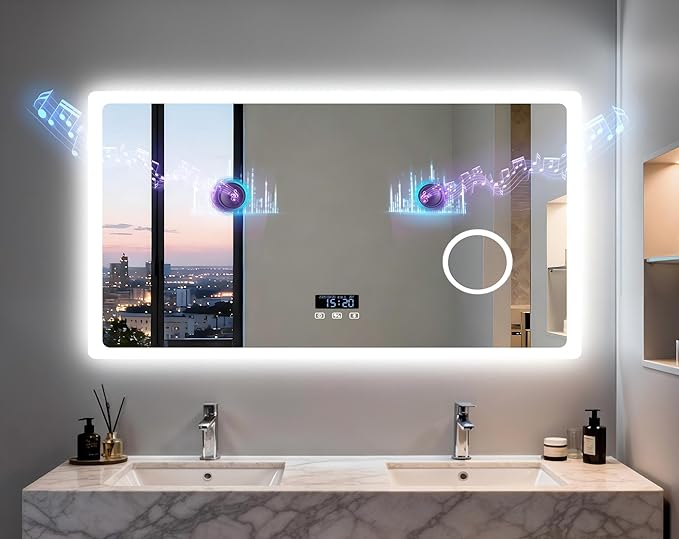 LUVODI Bathroom LED Wall Mirror: 48x24 inch Rectangle Makeup Vanity with Lights Bluetooth Speaker, Time Display, Magnifier, Anti-Fog, Memory Function, 3 Color Temperature