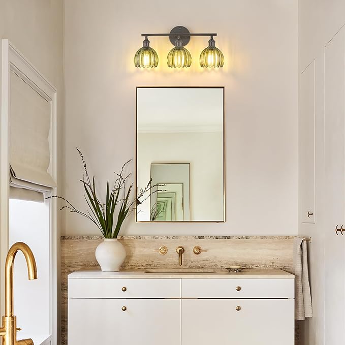 Shenmoyl Bathroom Light Fixtures, 3-Light Black Vanity Wall Light Over Mirror with Green Tulip Glass Shade for Bedroom Living Room (Bulb Not Included)